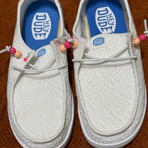 Hey Dude women White Moccasins with Pink Accents